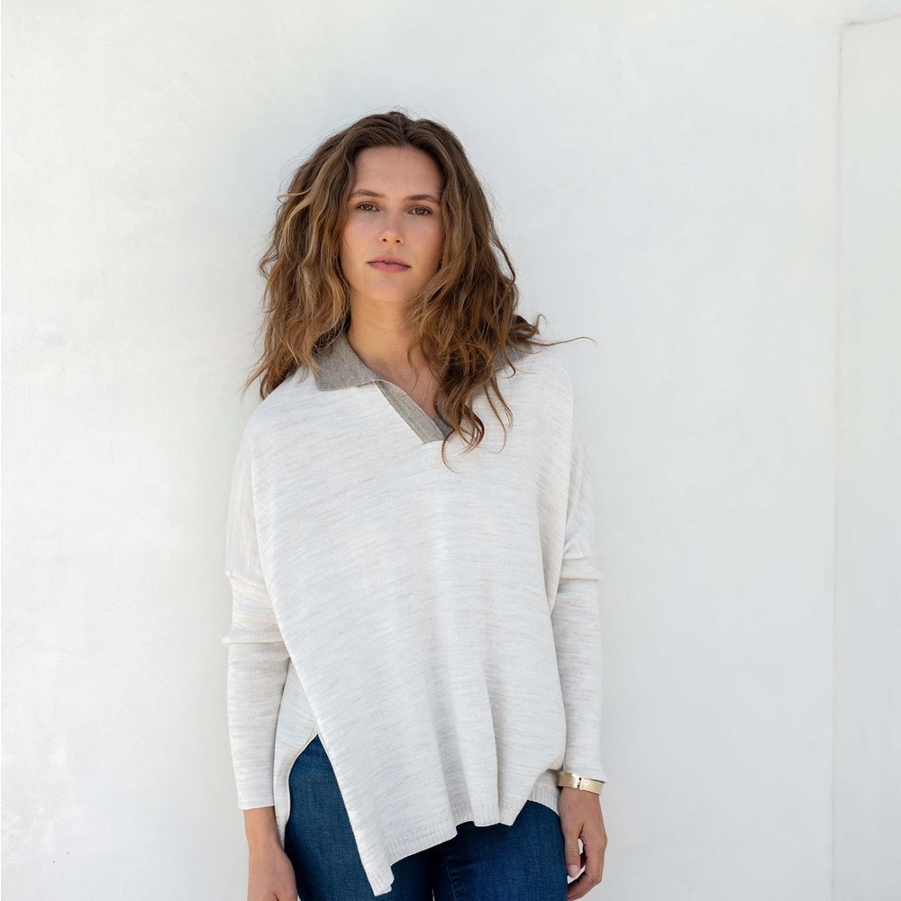 Mersea Women's Catalina Polo Sweater in Cream and Brown / Size Petite